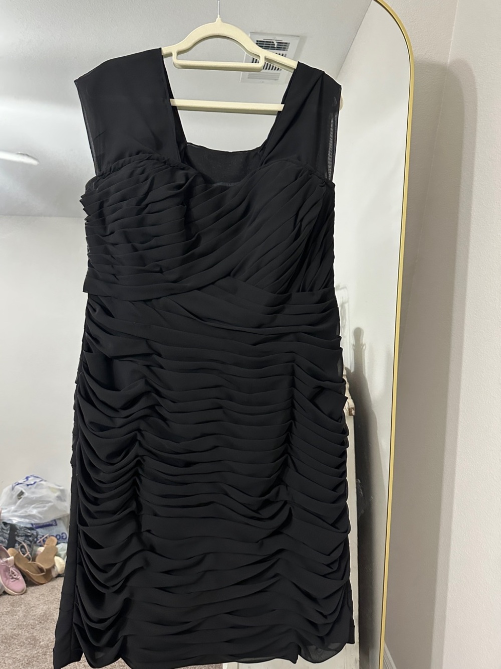 Black Ruched Midi Dress with Square Neck